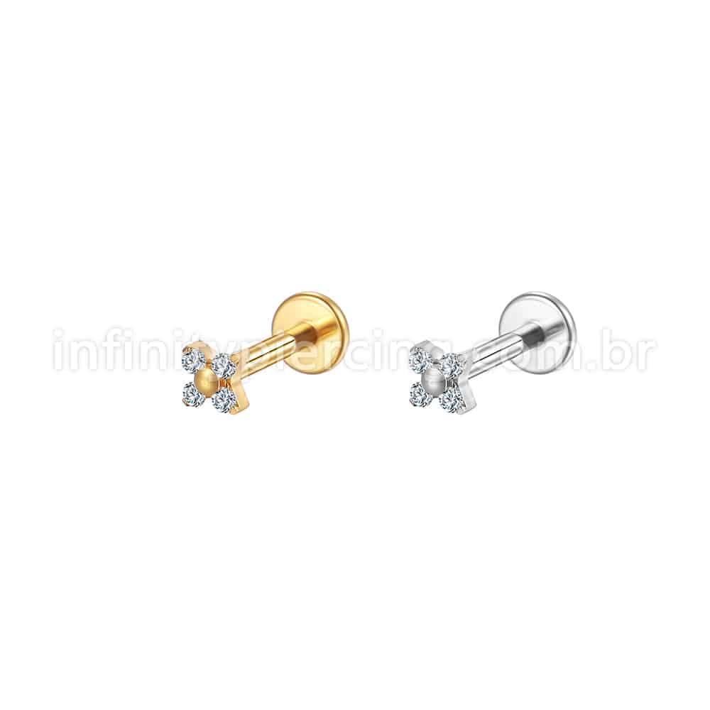 Piercing Labret Aço Cirúrgico Flor 4 Pétalas Zircônia